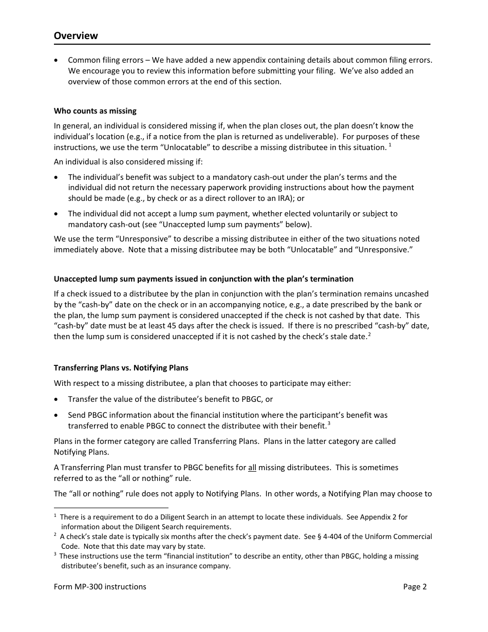 Instructions for Form MP-300 Plan Information for Small Professional Service Db Plans - Missing Participants Program, Page 4