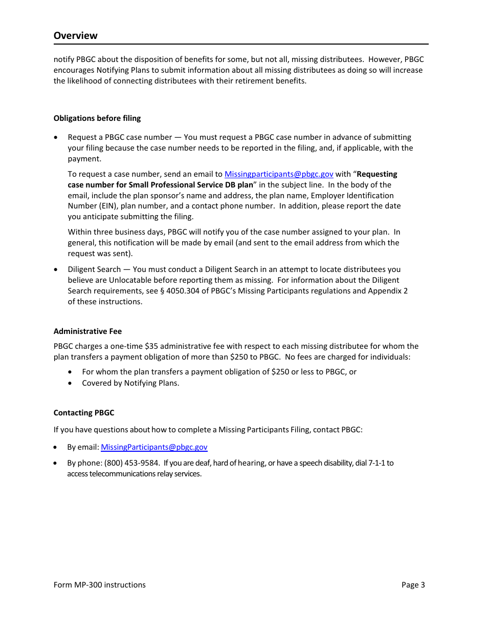 Instructions for Form MP-300 Plan Information for Small Professional Service Db Plans - Missing Participants Program, Page 5
