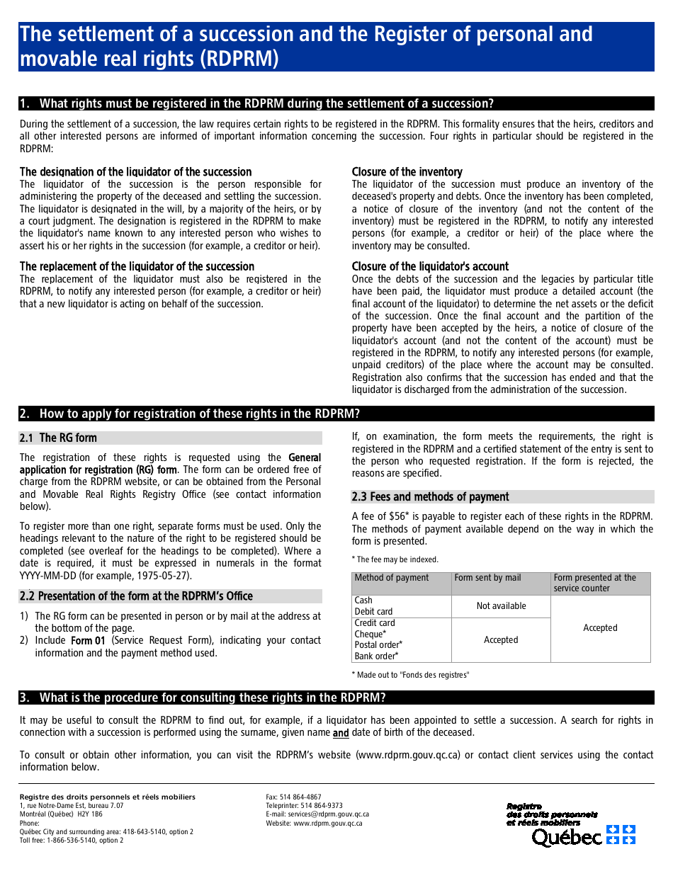 The Settlement of a Succession and the Register of Personal and Movable Real Rights (Rdprm) - Quebec, Canada, Page 1