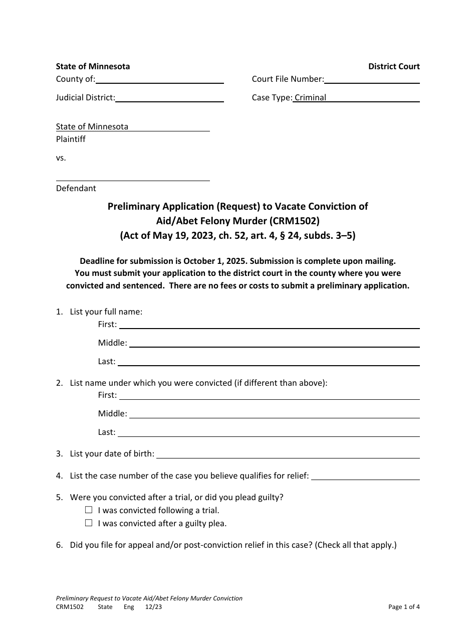 Form CRM1502 Preliminary Application (Request) to Vacate Conviction of Aid / Abet Felony Murder - Minnesota, Page 1