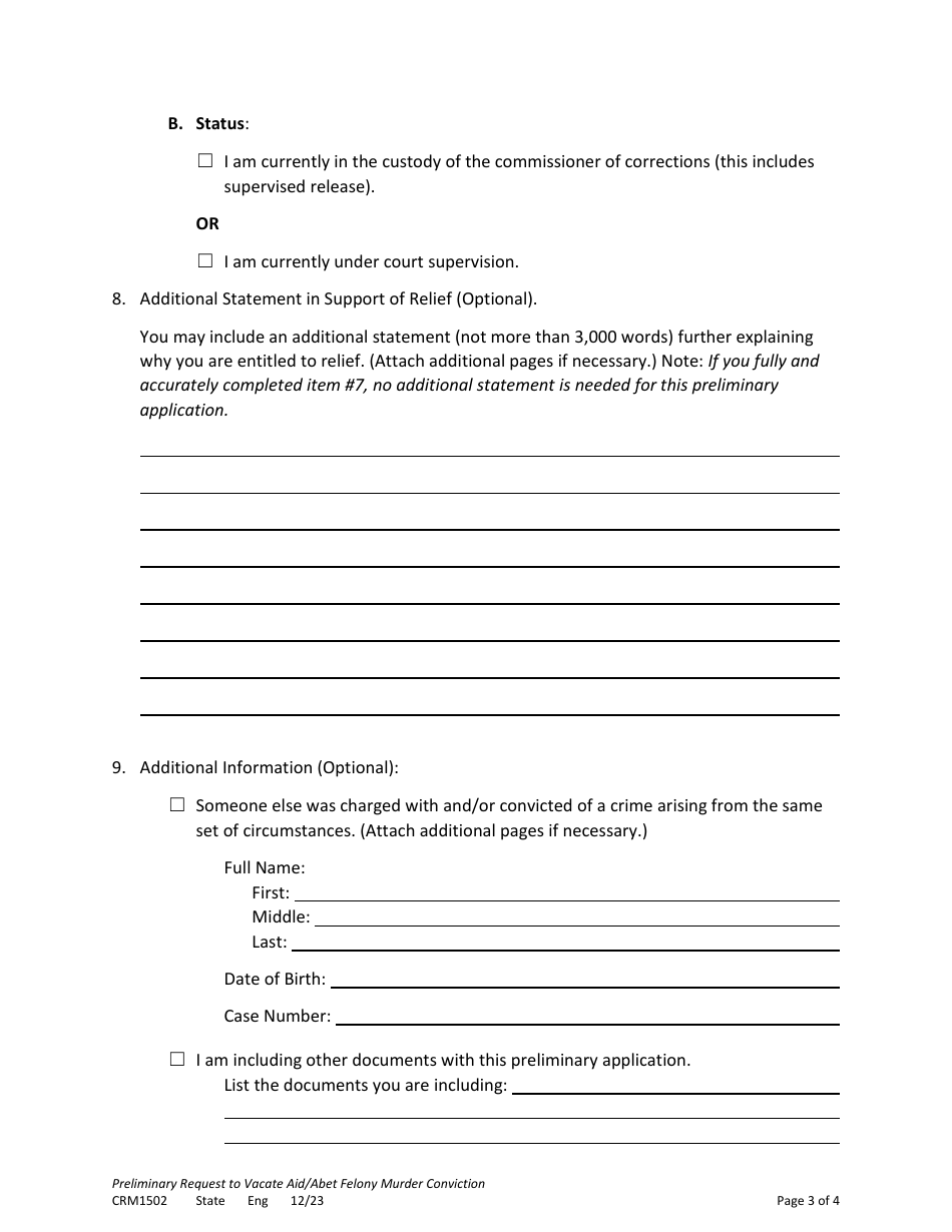 Form CRM1502 Preliminary Application (Request) to Vacate Conviction of Aid / Abet Felony Murder - Minnesota, Page 3