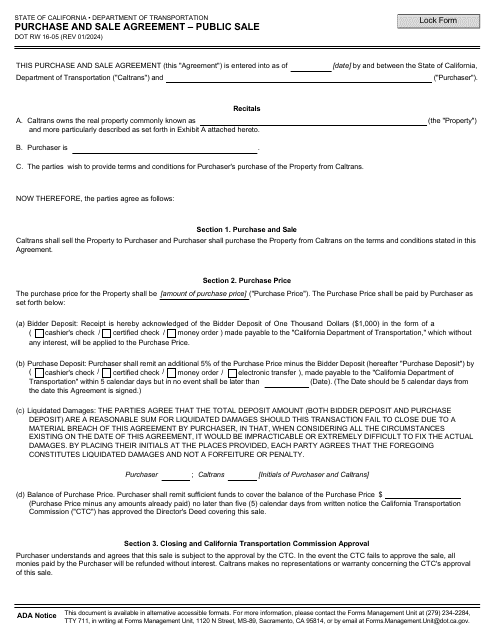 Form DOT RW16-05 Purchase and Sale Agreement - Public Sale - California