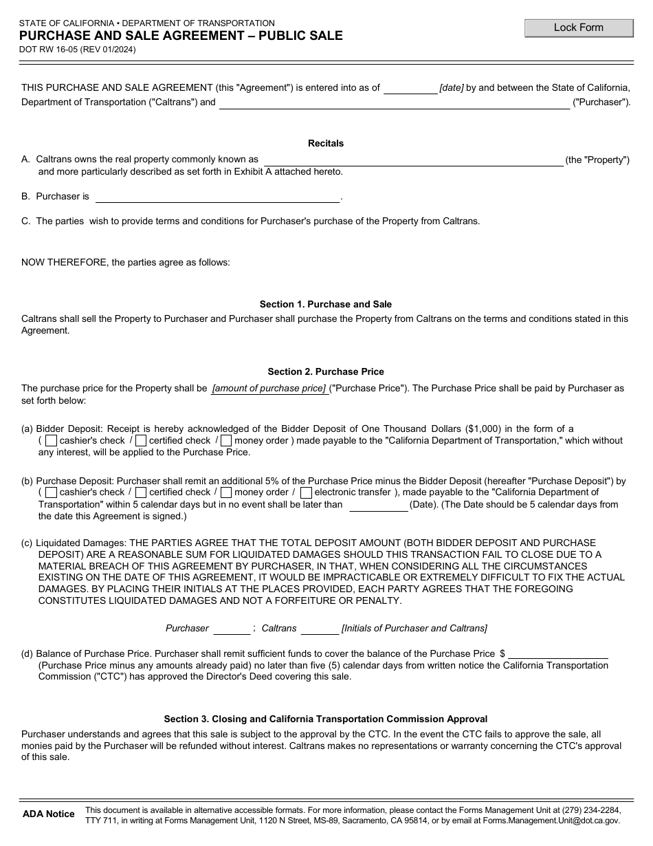 Form DOT RW16-05 Purchase and Sale Agreement - Public Sale - California, Page 1