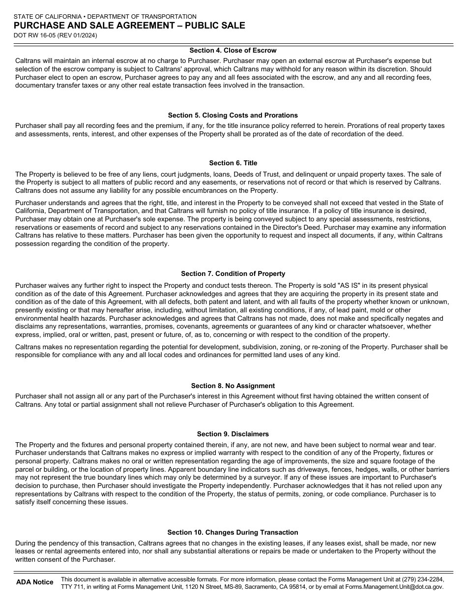 Form DOT RW16-05 Purchase and Sale Agreement - Public Sale - California, Page 2