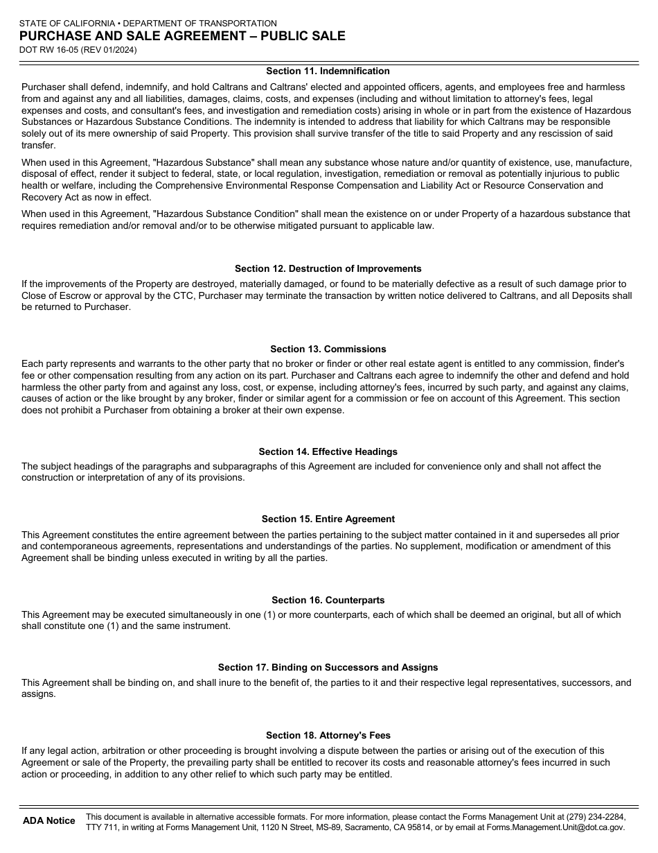 Form DOT RW16-05 Purchase and Sale Agreement - Public Sale - California, Page 3