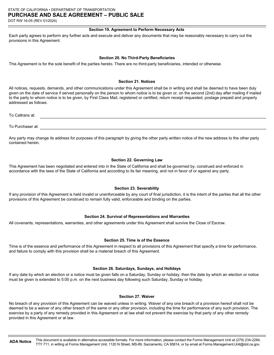 Form DOT RW16-05 Purchase and Sale Agreement - Public Sale - California, Page 4