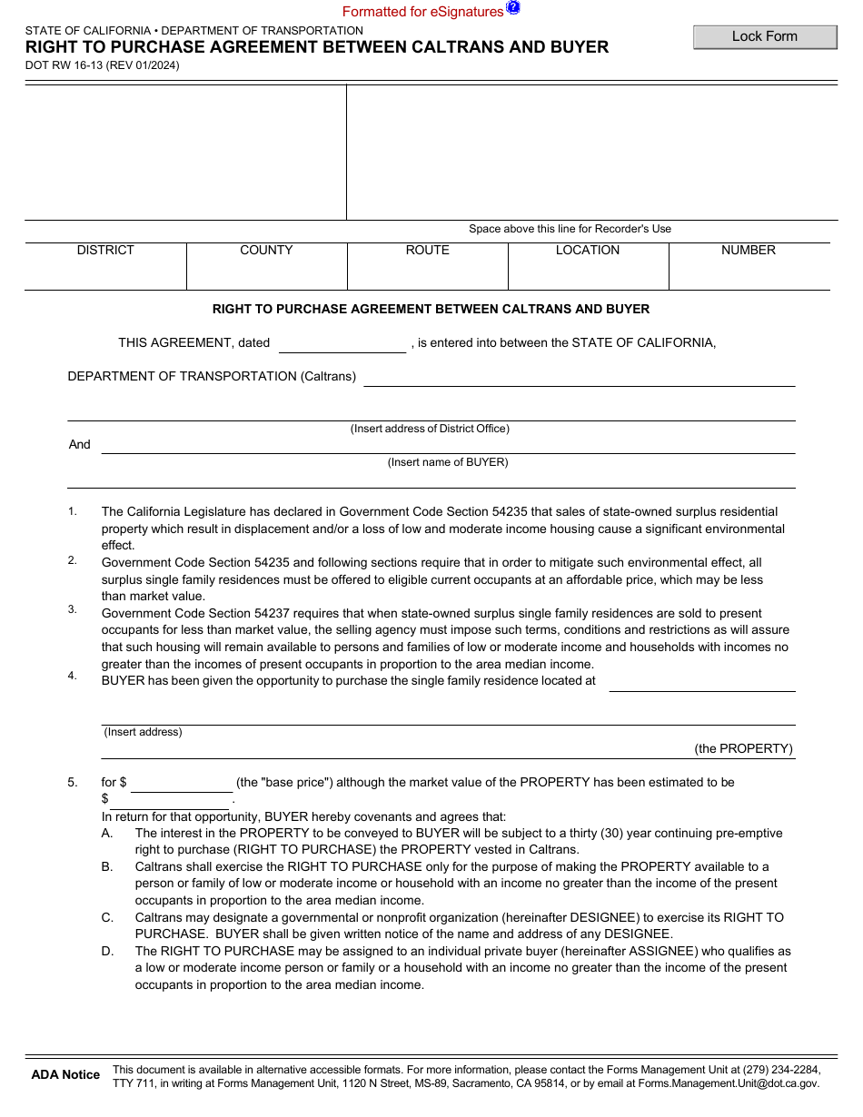 Form DOT RW16-13 Right to Purchase Agreement Between Caltrans and Buyer - California, Page 1