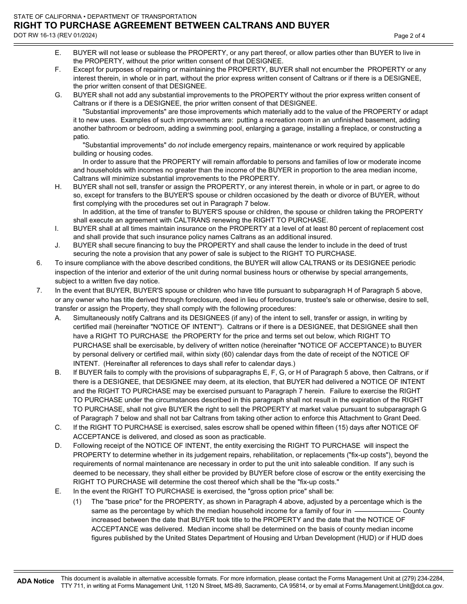 Form DOT RW16-13 Right to Purchase Agreement Between Caltrans and Buyer - California, Page 2