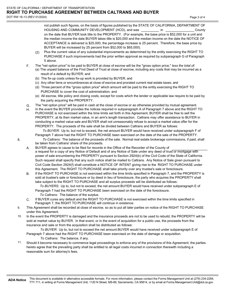 Form DOT RW16-13 Right to Purchase Agreement Between Caltrans and Buyer - California, Page 3