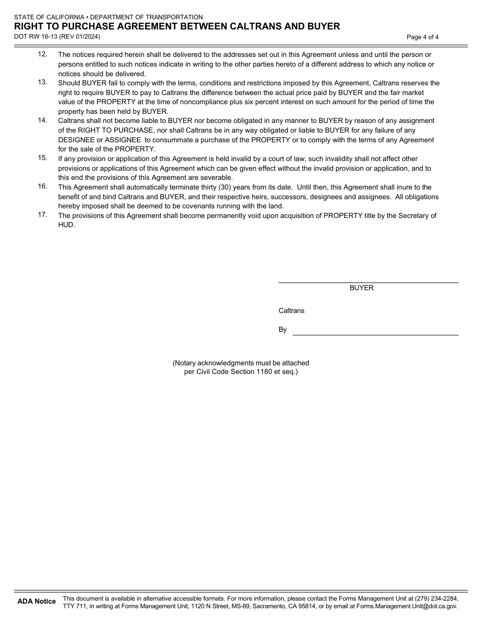 Form DOT RW16-13 Right to Purchase Agreement Between Caltrans and Buyer - California, Page 4