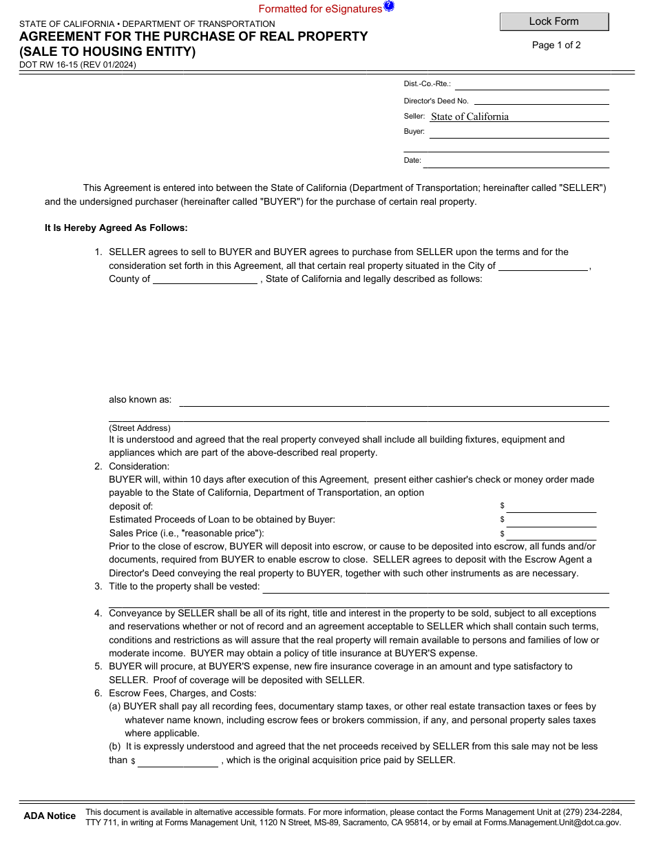 Form DOT RW16-15 Agreement for the Purchase of Real Property (Sale to Housing Entity) - California, Page 1