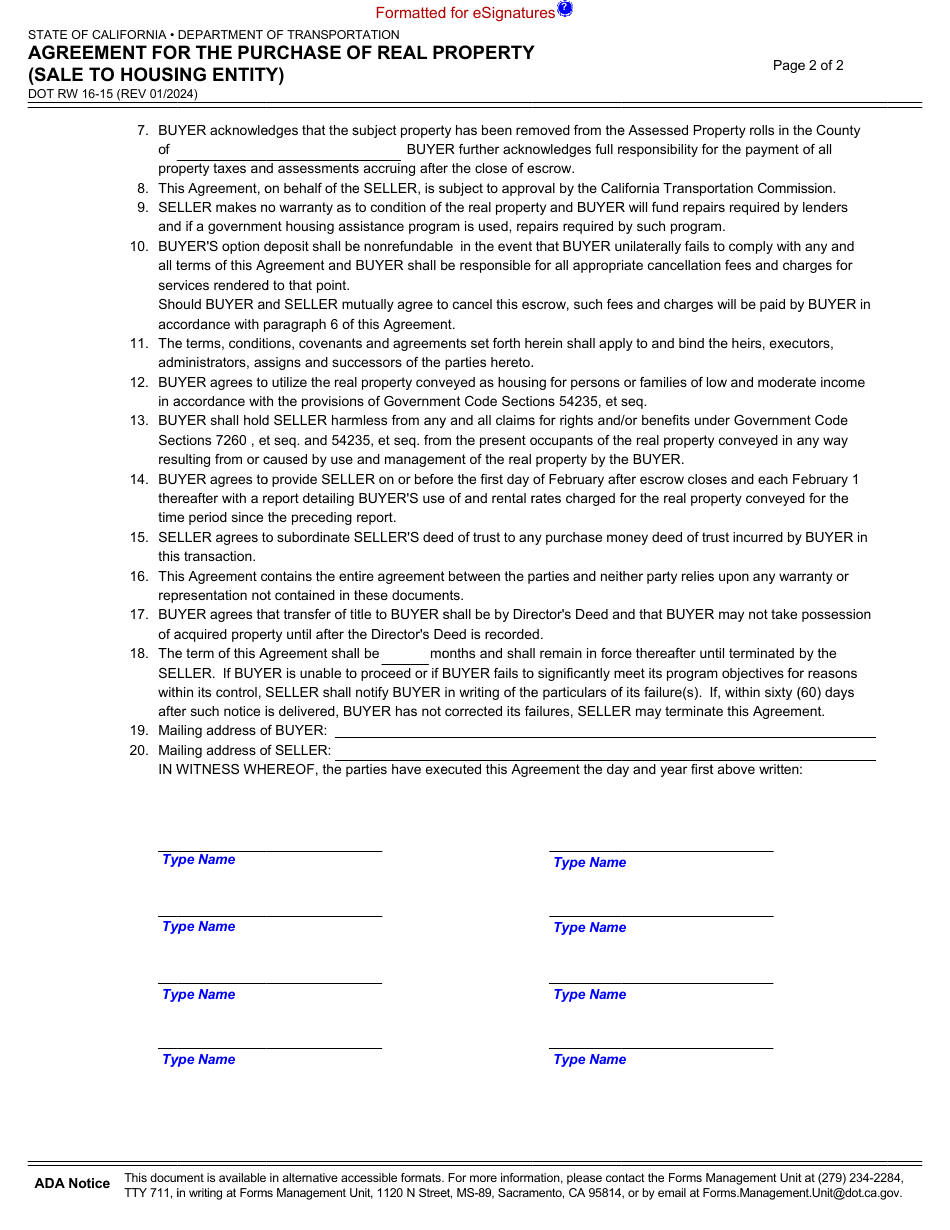 Form DOT RW16-15 Agreement for the Purchase of Real Property (Sale to Housing Entity) - California, Page 2