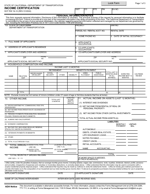 Form DOT RW16-10 Income Certification - California
