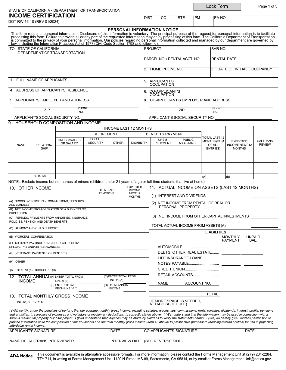 Form DOT RW16-10 Income Certification - California, Page 1