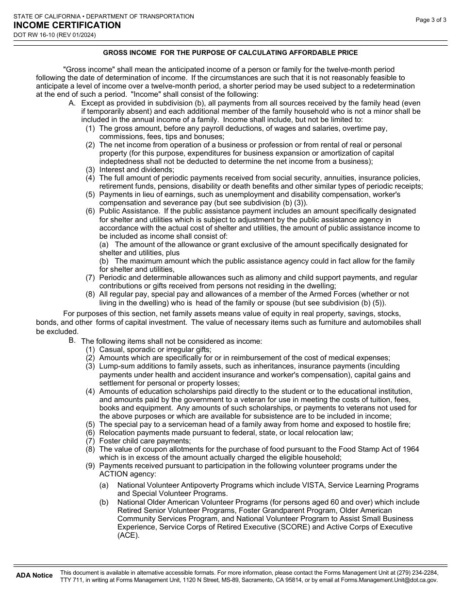Form DOT RW16-10 Income Certification - California, Page 3