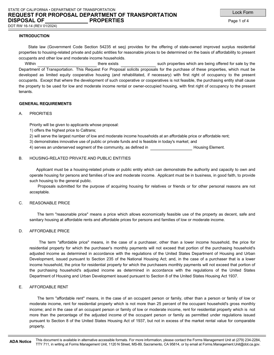 Form DOT RW16-14 Request for Proposal Department of Transportation Disposal of Properties - California, Page 1