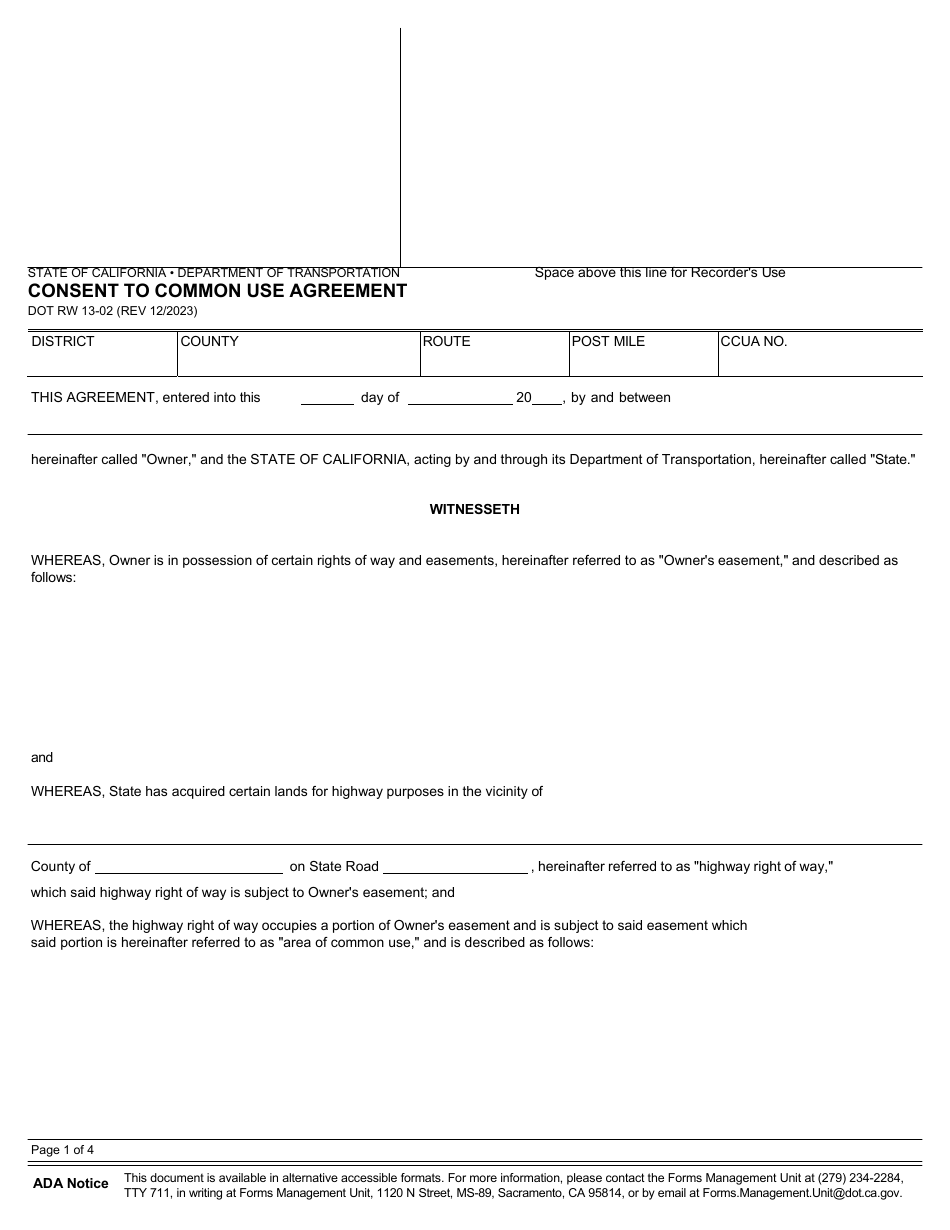 Form DOT RW13-02 Consent to Common Use Agreement - California, Page 1