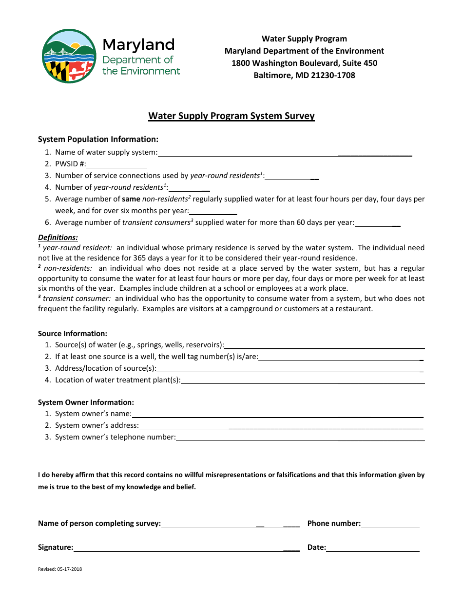 Water Supply Program System Survey - Maryland, Page 1