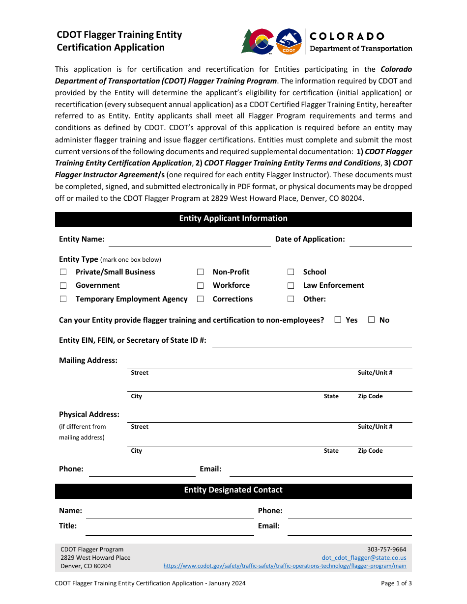 CDOT Flagger Training Entity Certification Application - Colorado, Page 1
