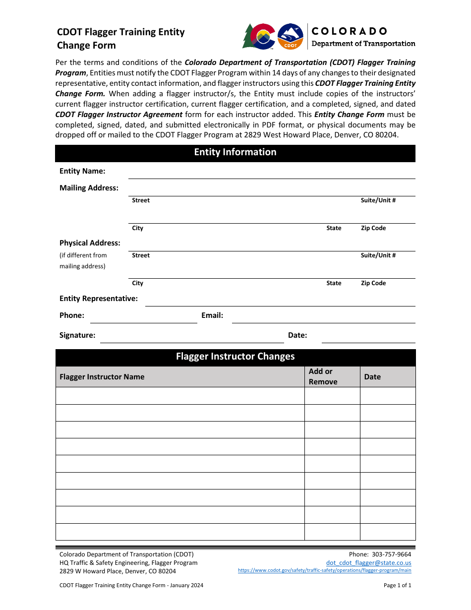 Colorado CDOT Flagger Training Entity Change Form Download Fillable PDF