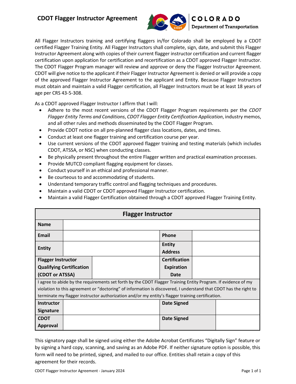 CDOT Flagger Instructor Agreement - Colorado, Page 1