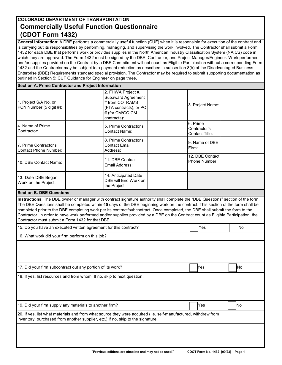 CDOT Form 1432 Commercially Useful Function Questionnaire - Colorado, Page 1