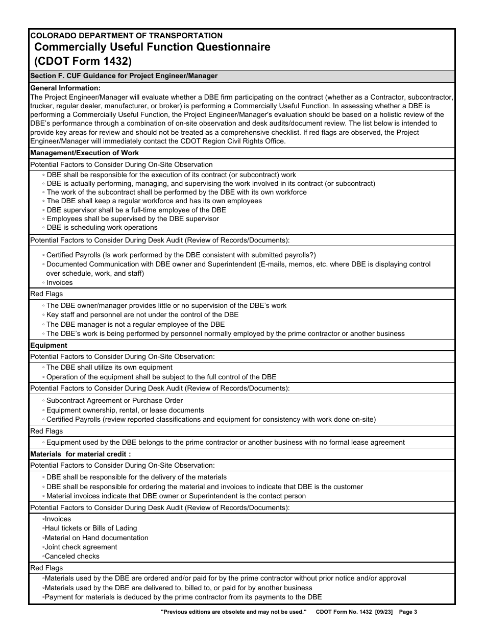 CDOT Form 1432 Commercially Useful Function Questionnaire - Colorado, Page 3