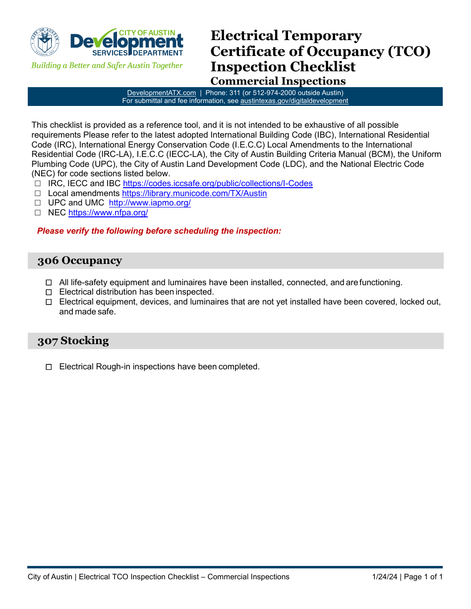 Electrical Temporary Certificate of Occupancy (Tco) Inspection Checklist - Commercial Inspections - City of Austin, Texas, Page 1