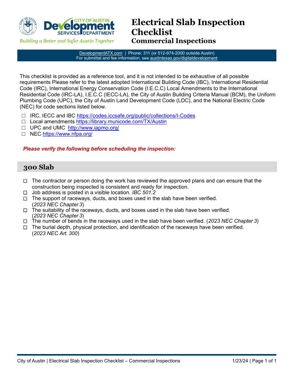 Electrical Slab Inspection Checklist - Commercial Inspections - City of Austin, Texas, Page 1