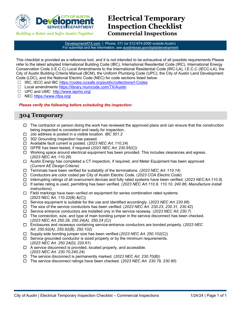 Electrical Temporary Inspection Checklist - Commercial Inspections - City of Austin, Texas, Page 1