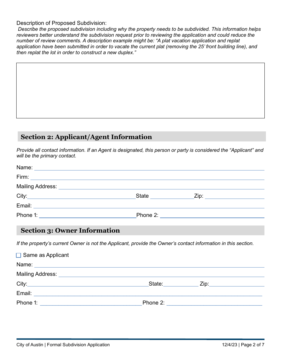 Subdivision Application - Formal Submittal - City of Austin, Texas, Page 2