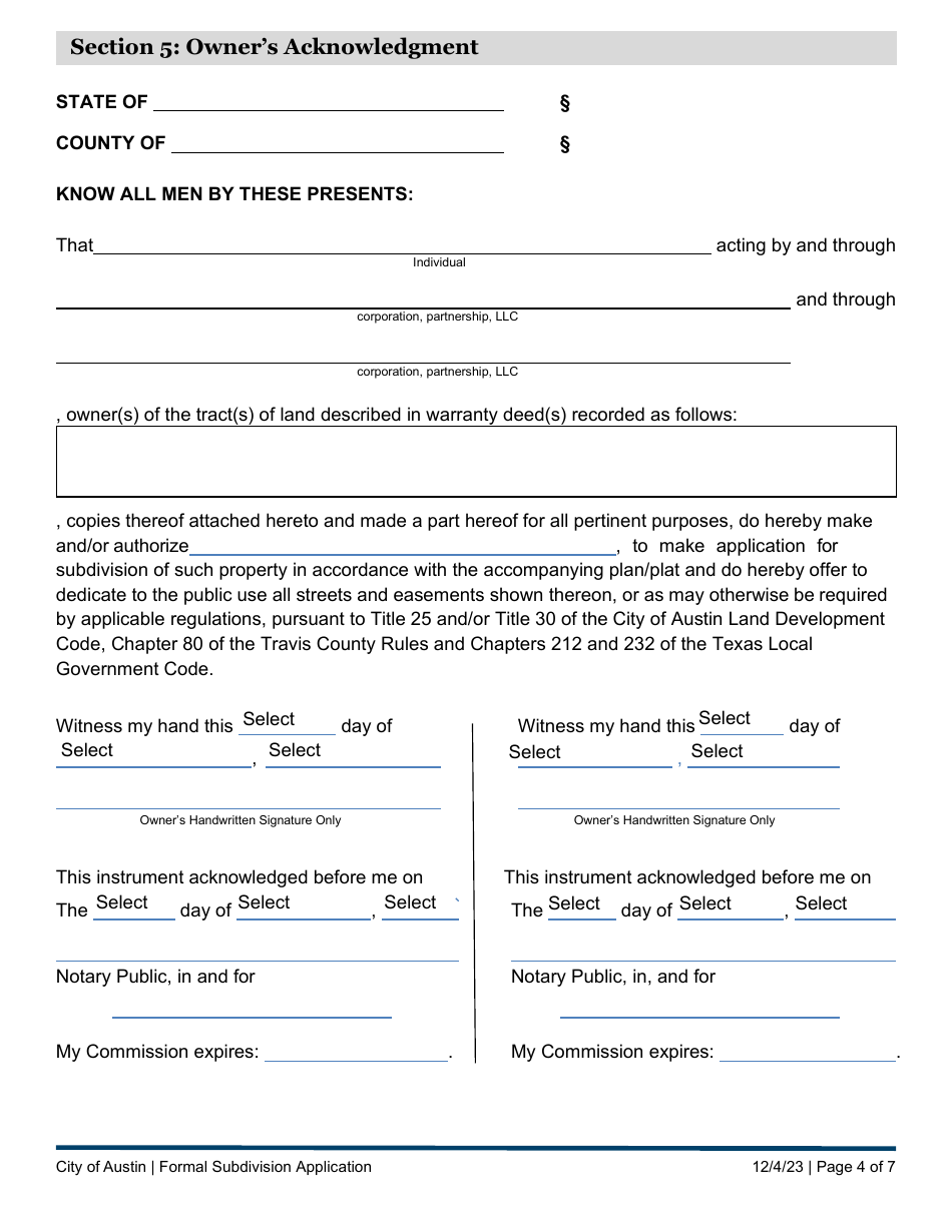 Subdivision Application - Formal Submittal - City of Austin, Texas, Page 4