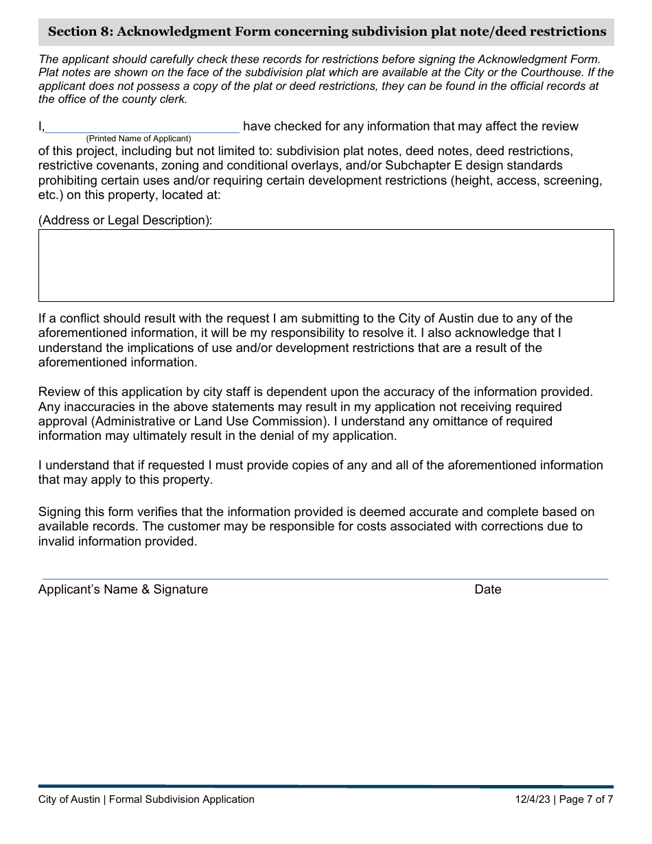 Subdivision Application - Formal Submittal - City of Austin, Texas, Page 7