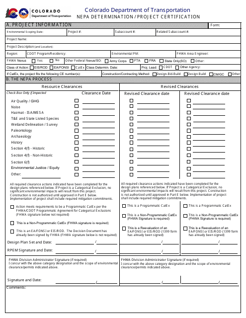CDOT Form 128B Nepa Determination/Project Certification - Colorado