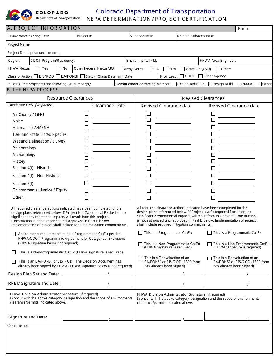 CDOT Form 128B Nepa Determination / Project Certification - Colorado, Page 1