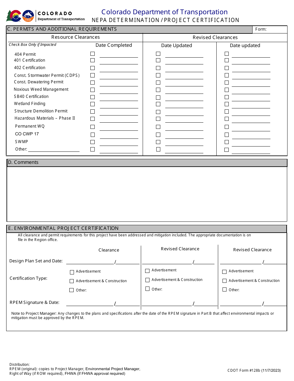 CDOT Form 128B Nepa Determination / Project Certification - Colorado, Page 2