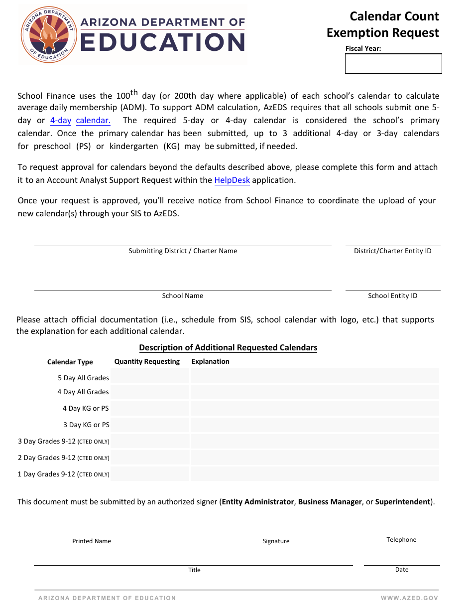 Calendar Count Exemption Request - Arizona, Page 1