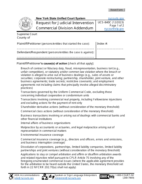 Form UCS-840C Request for Judicial Intervention Commercial Division Addendum - New York