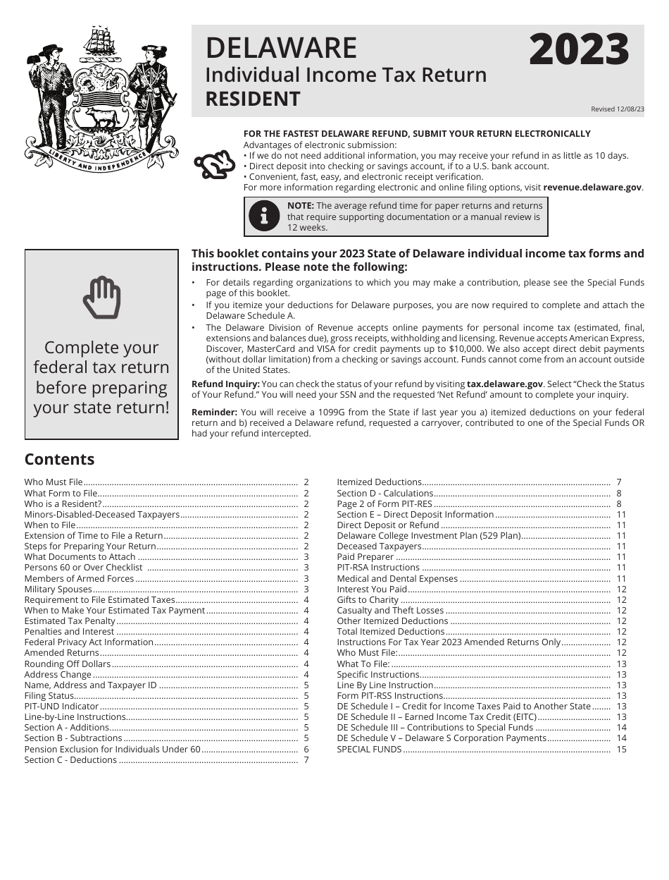 Download Instructions for Form PITRES Delaware Individual Resident