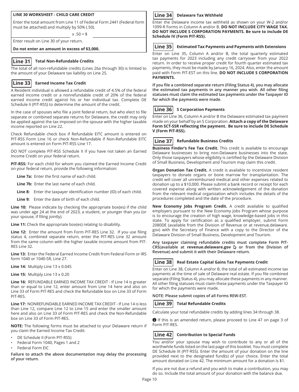 Instructions for Form PIT-RES Delaware Individual Resident Income Tax Return - Delaware, Page 10