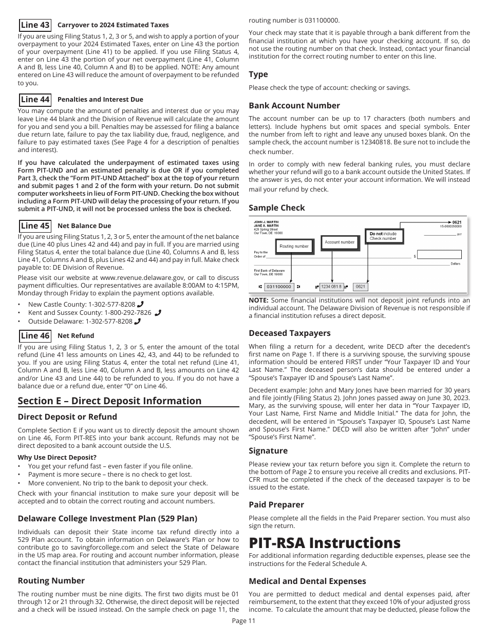 Instructions for Form PIT-RES Delaware Individual Resident Income Tax Return - Delaware, Page 11