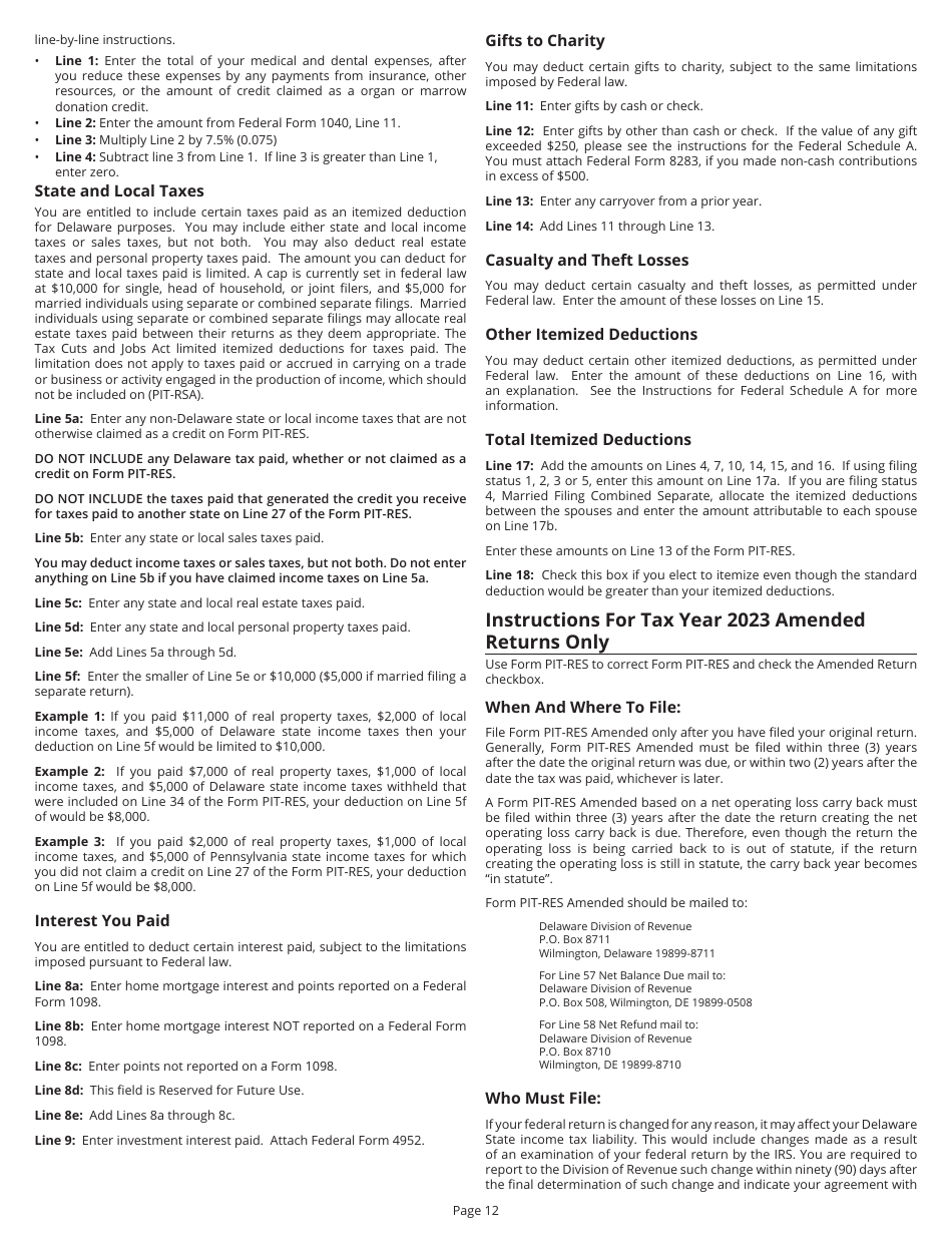 Instructions for Form PIT-RES Delaware Individual Resident Income Tax Return - Delaware, Page 12