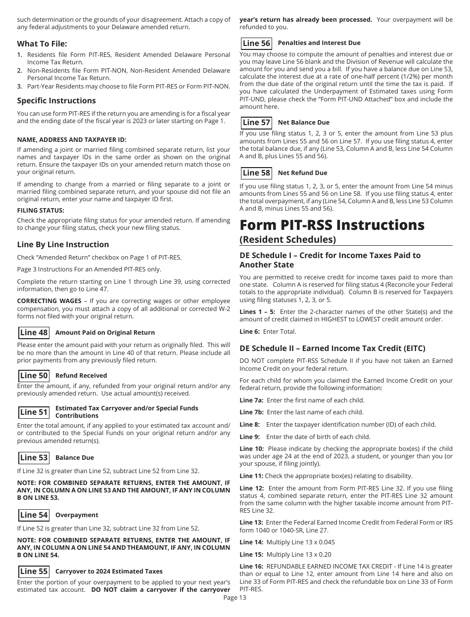 Instructions for Form PIT-RES Delaware Individual Resident Income Tax Return - Delaware, Page 13