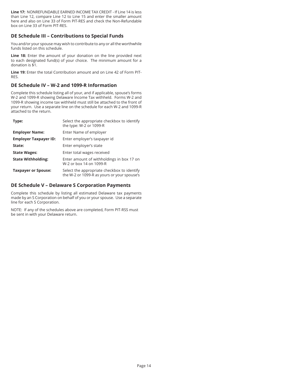 Instructions for Form PIT-RES Delaware Individual Resident Income Tax Return - Delaware, Page 14