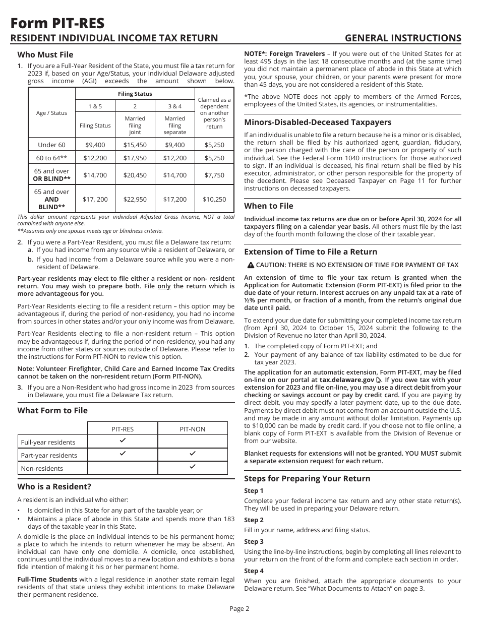 Instructions for Form PIT-RES Delaware Individual Resident Income Tax Return - Delaware, Page 2