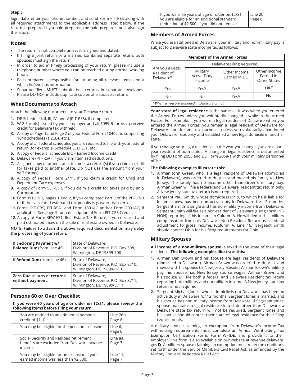 Instructions for Form PIT-RES Delaware Individual Resident Income Tax Return - Delaware, Page 3
