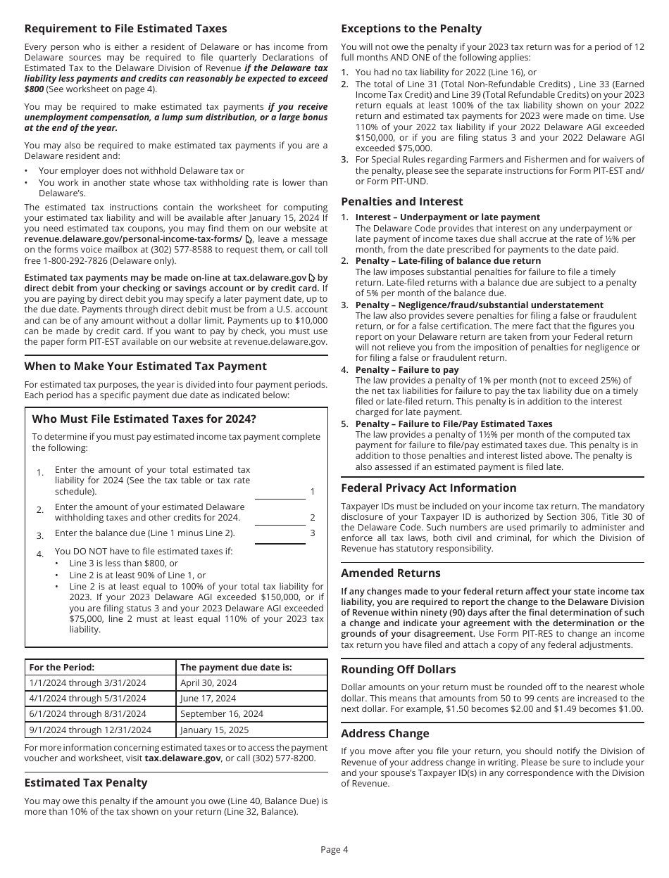 Instructions for Form PIT-RES Delaware Individual Resident Income Tax Return - Delaware, Page 4