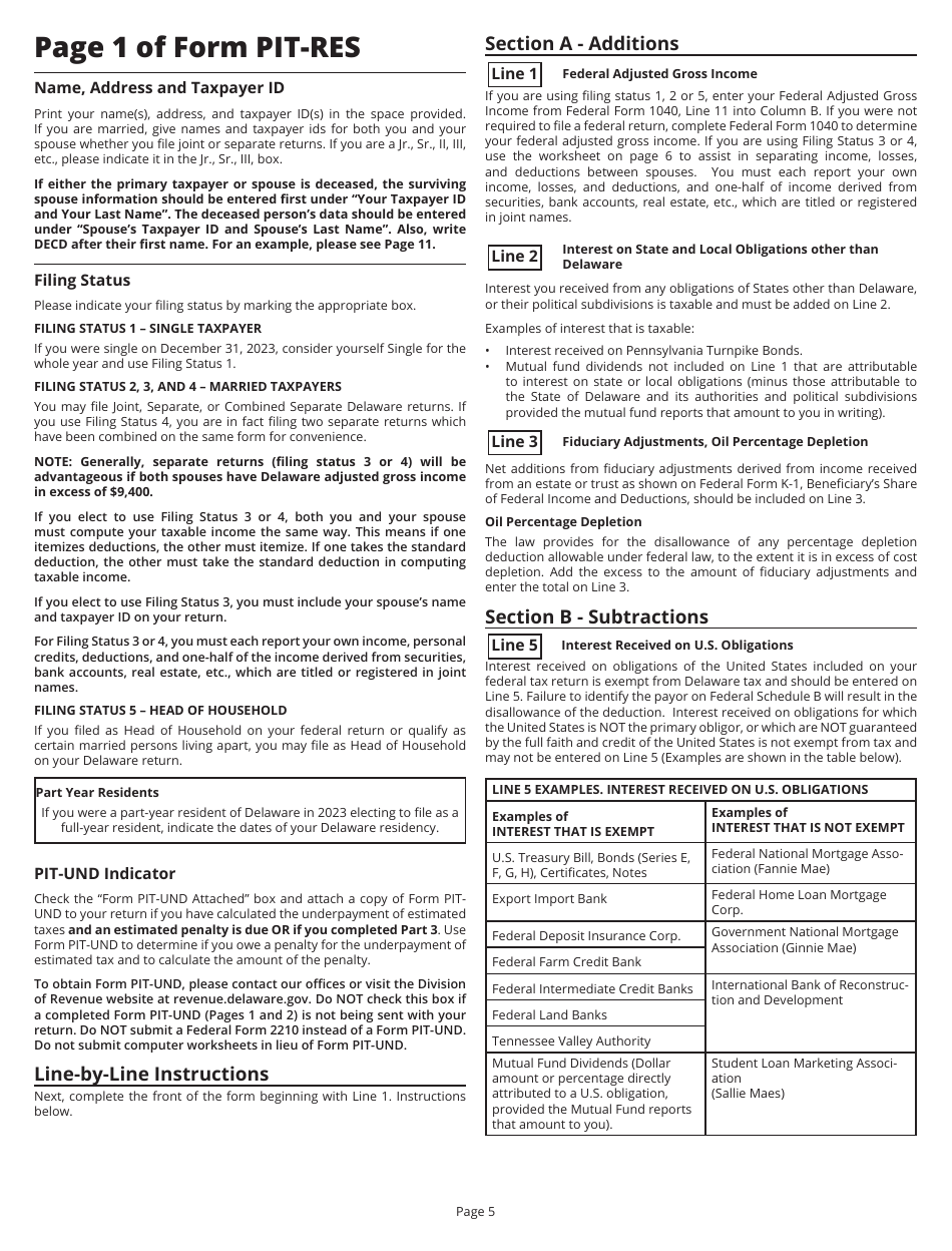 Instructions for Form PIT-RES Delaware Individual Resident Income Tax Return - Delaware, Page 5