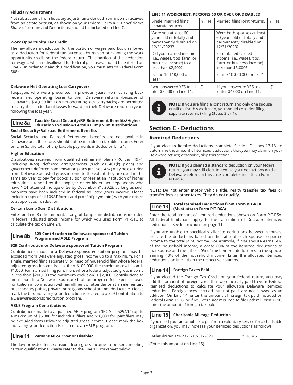 Instructions for Form PIT-RES Delaware Individual Resident Income Tax Return - Delaware, Page 7