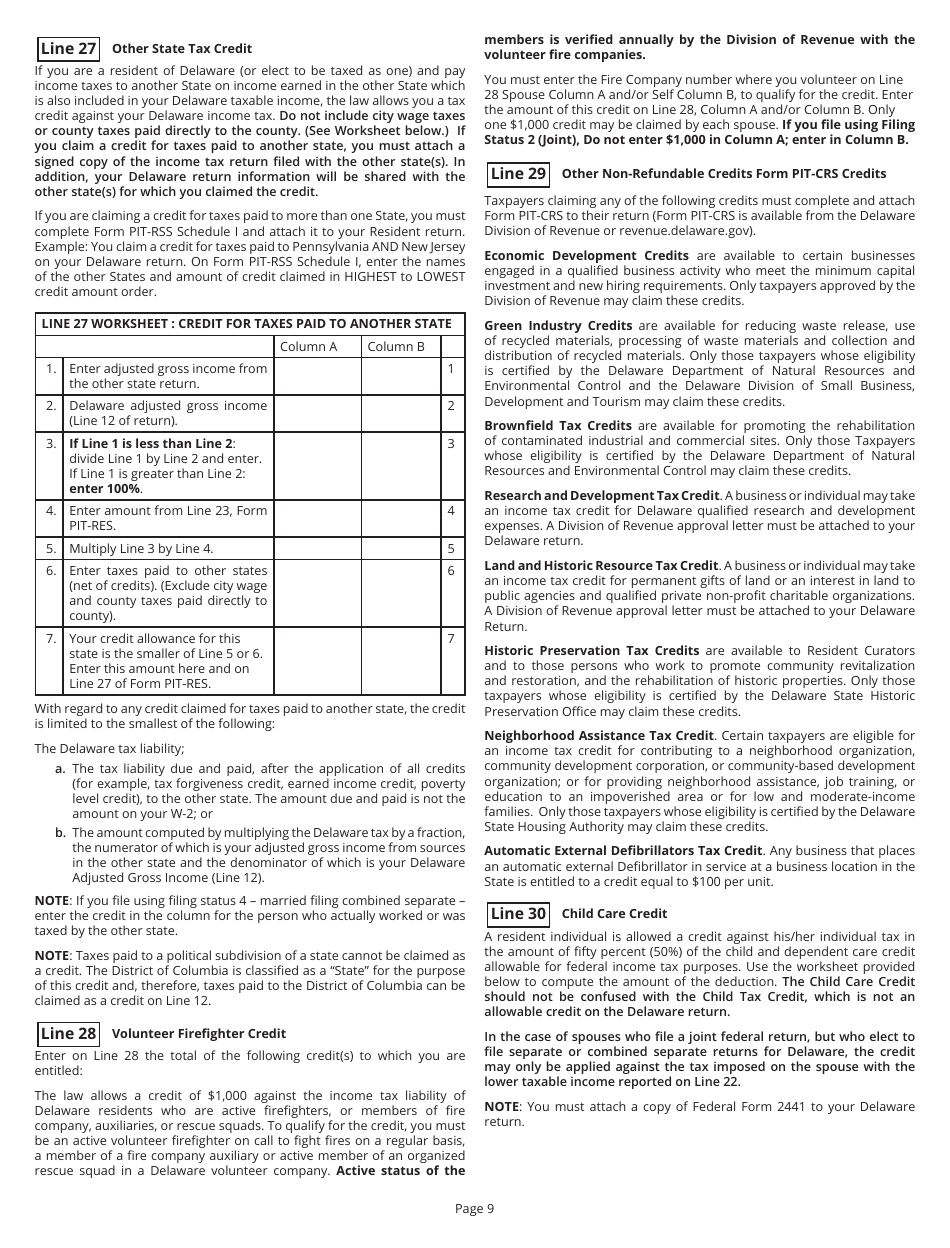 Instructions for Form PIT-RES Delaware Individual Resident Income Tax Return - Delaware, Page 9